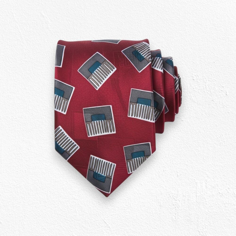 90s Vintage Red Silk Tie Woodward USA Made Necktie Retro Novelty Comb Print 4x57
